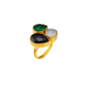 Ring made from brass, goldplated, black/green Onyx, Labradorite